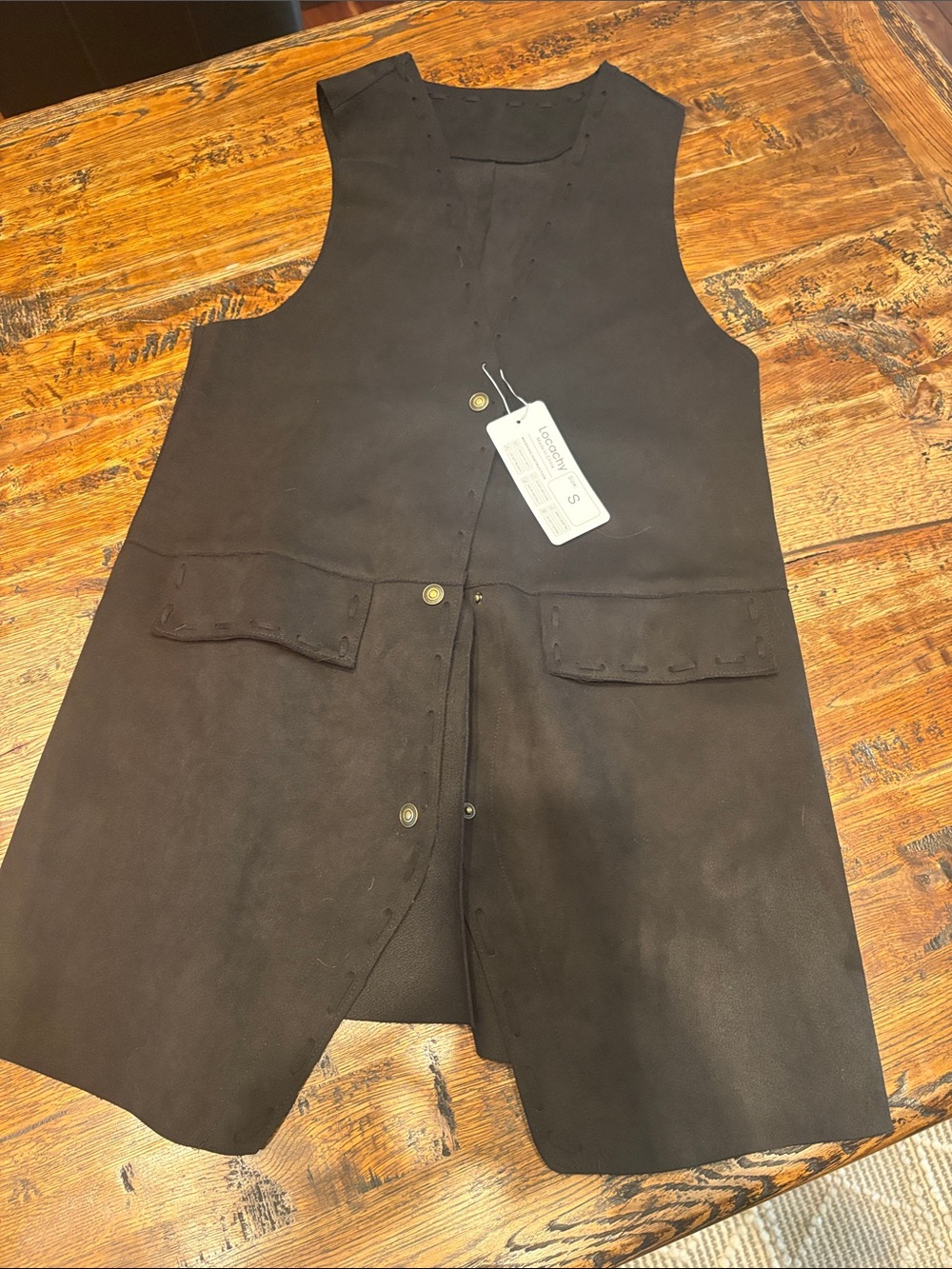 Black Suede Long Vest with Snap Front